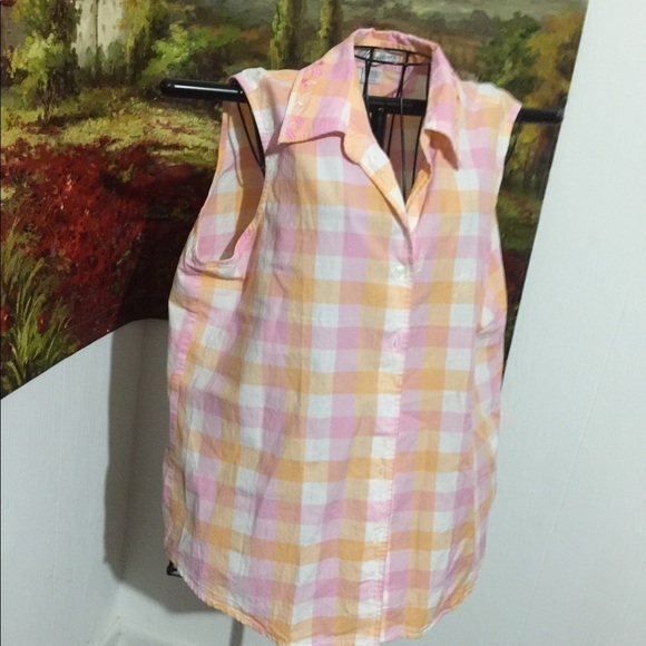 Dressbarn size 14/16W coral pink orange plaid sleeveless button up comfy - Picture 1 of 4